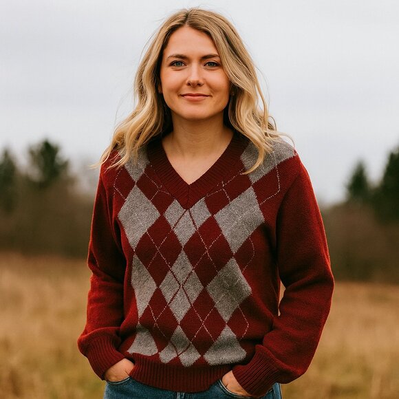 VINTAGE | Ramtuk Maroon Grey Argyle Wool Sweater - Men's Large - Picture 1 of 6